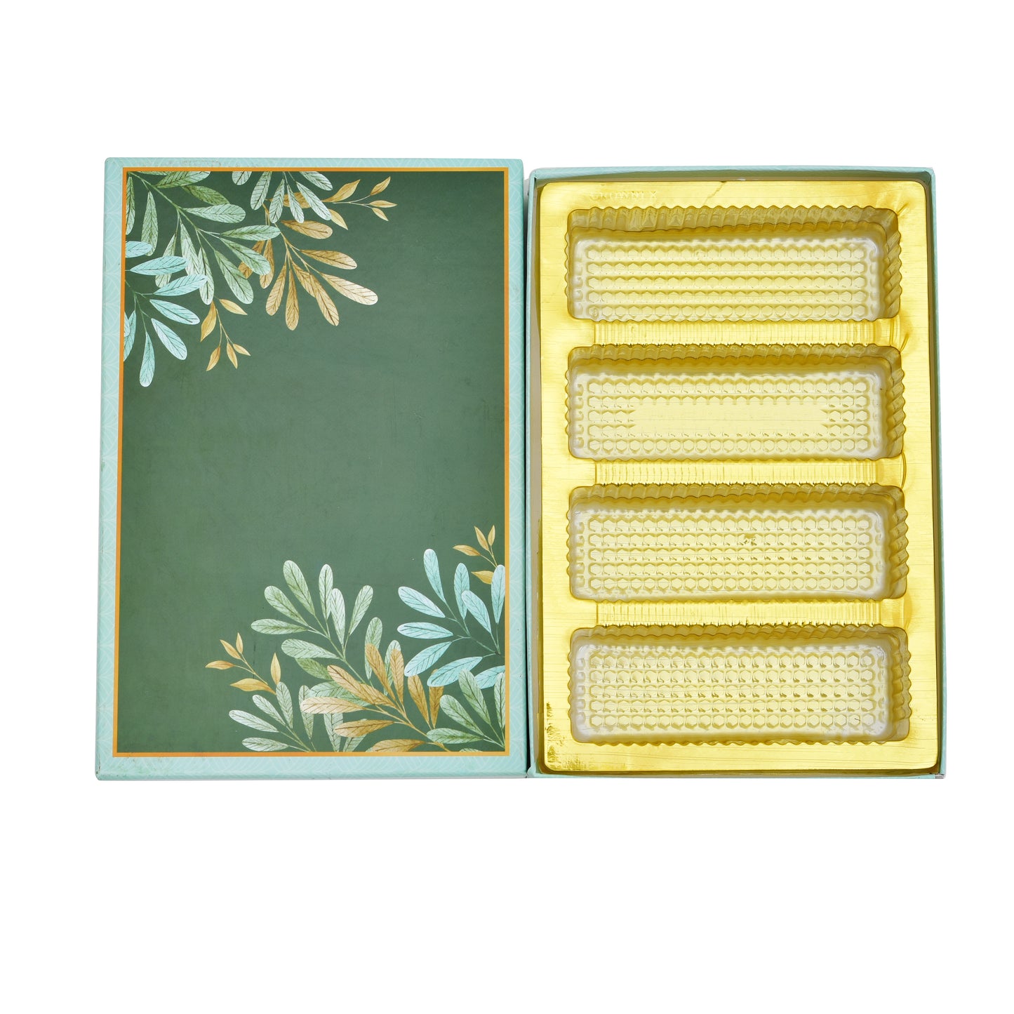 500 gm Green Leaf Design 4 Line Partition Premium Sweet Packaging Festival Gift Box | Grownex Packaging | Sweet Box