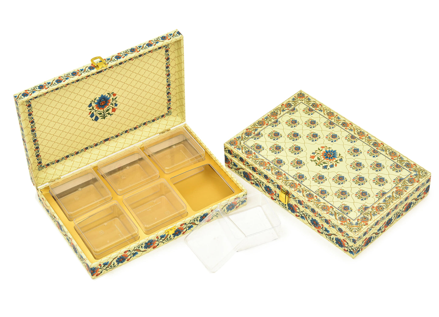 Royal Floral Premium Mithai Gift Box with Lock & 6 Golden Containers – Cream Multicolor | Grownex Packaging | Hamper Box