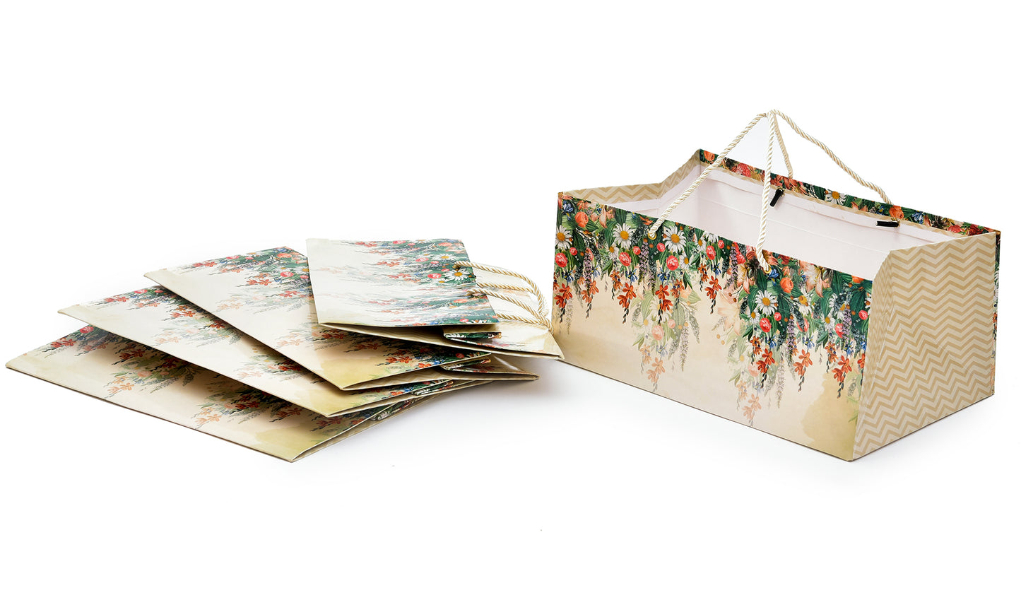 Beige Floral Print 13x8.5x6 inch Paper Bag | Grownex Packaging | paper bags