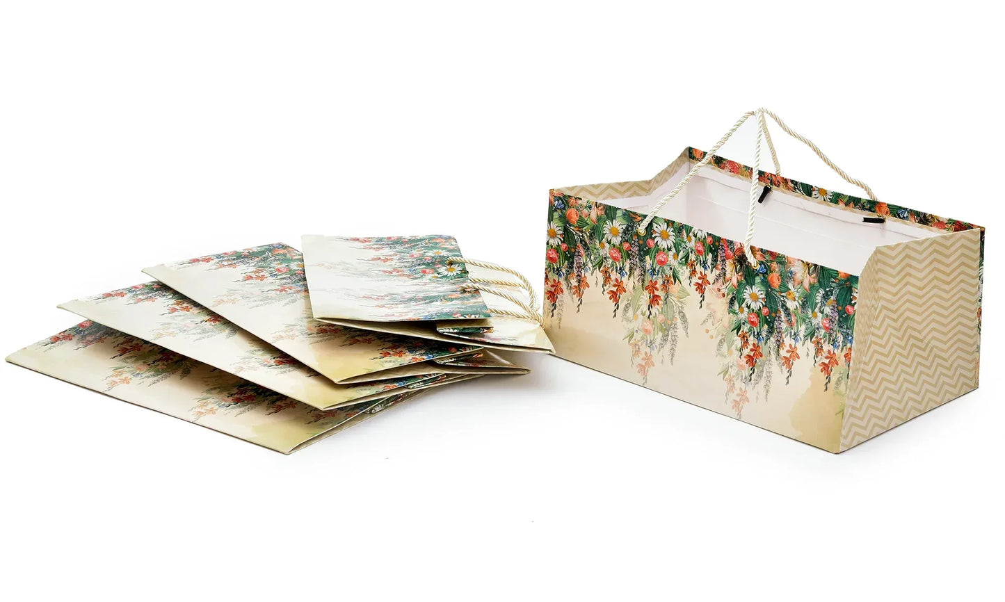 Beige Floral Print 13x8.5x6 inch Paper Bag | Grownex Packaging | paper bags