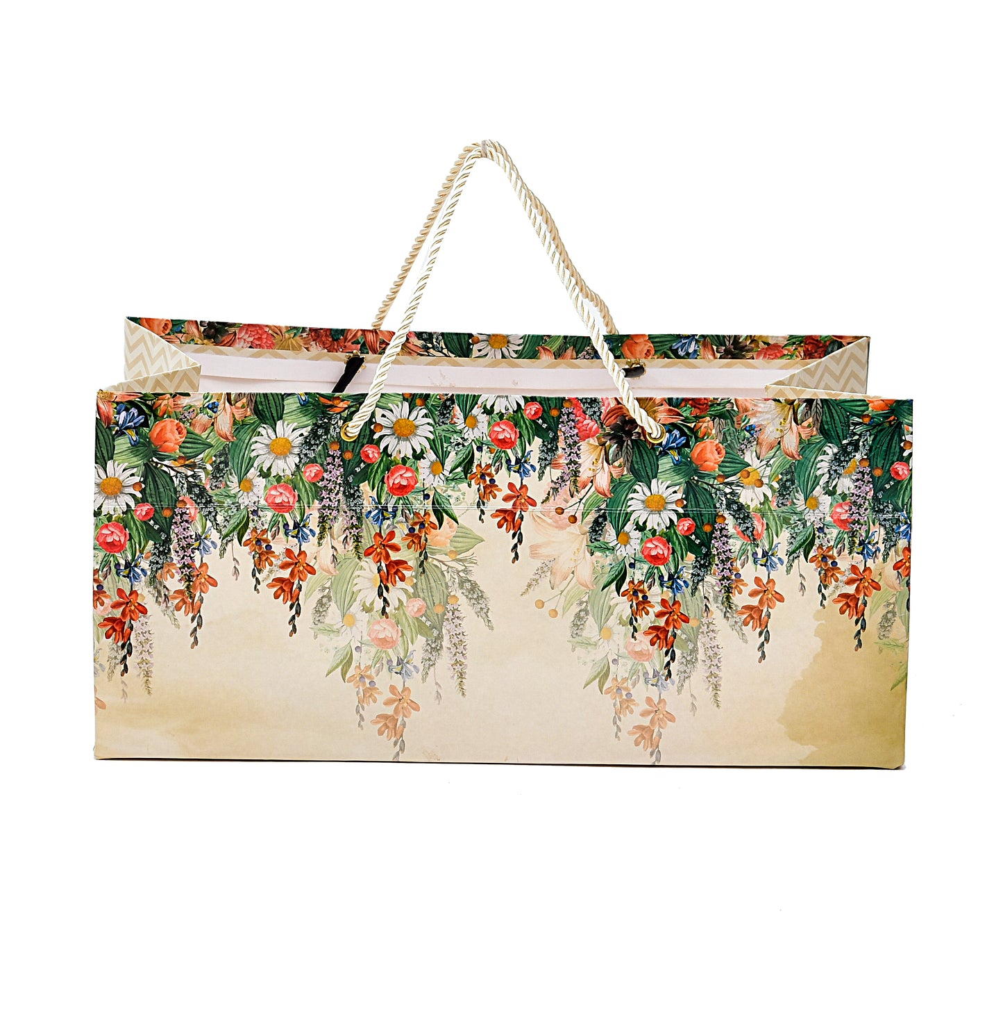 Beige Floral Print 13x8.5x6 inch Paper Bag | Grownex Packaging | paper bags