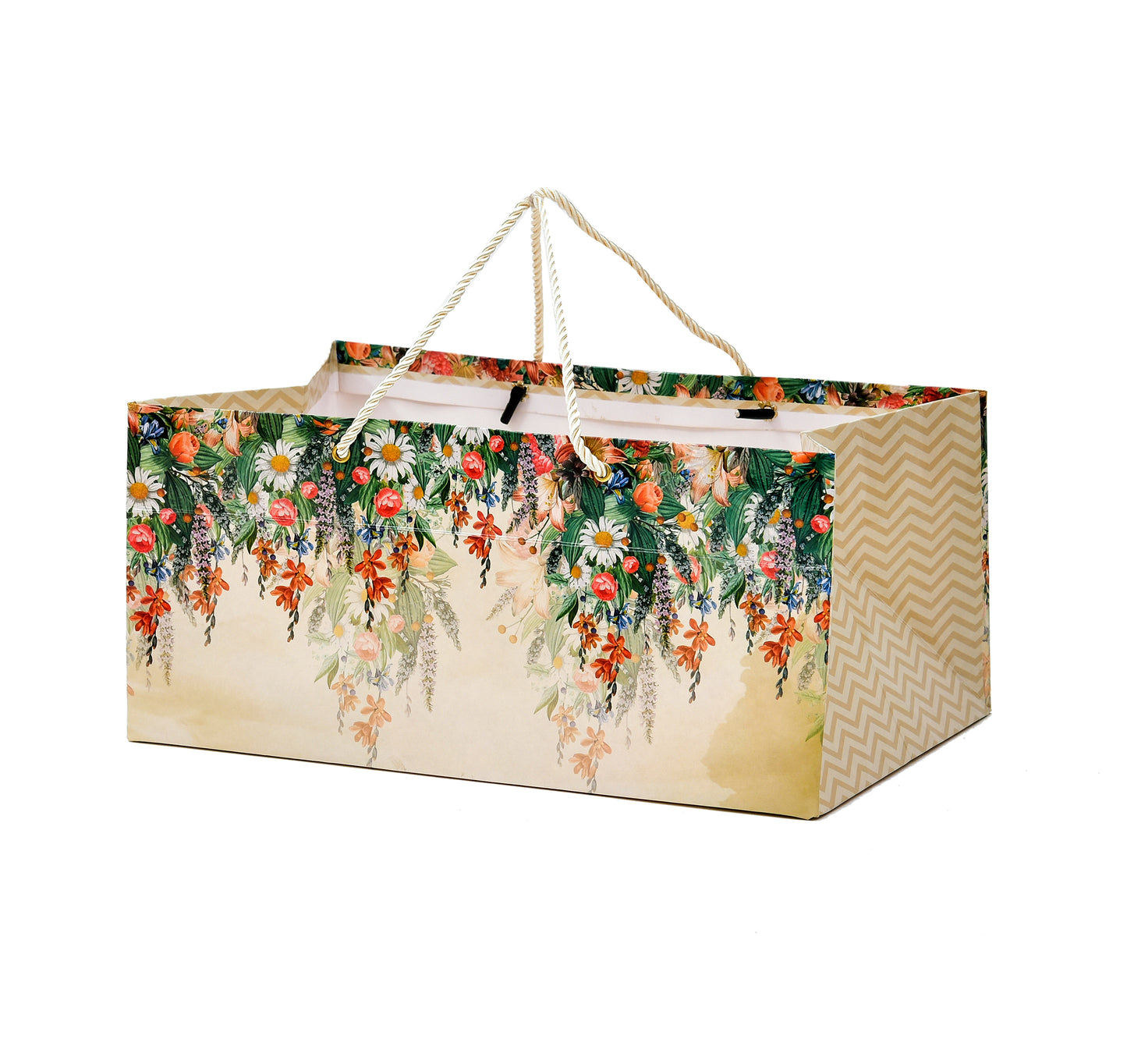 Beige Floral Print 13x8.5x6 inch Paper Bag | Grownex Packaging | paper bags