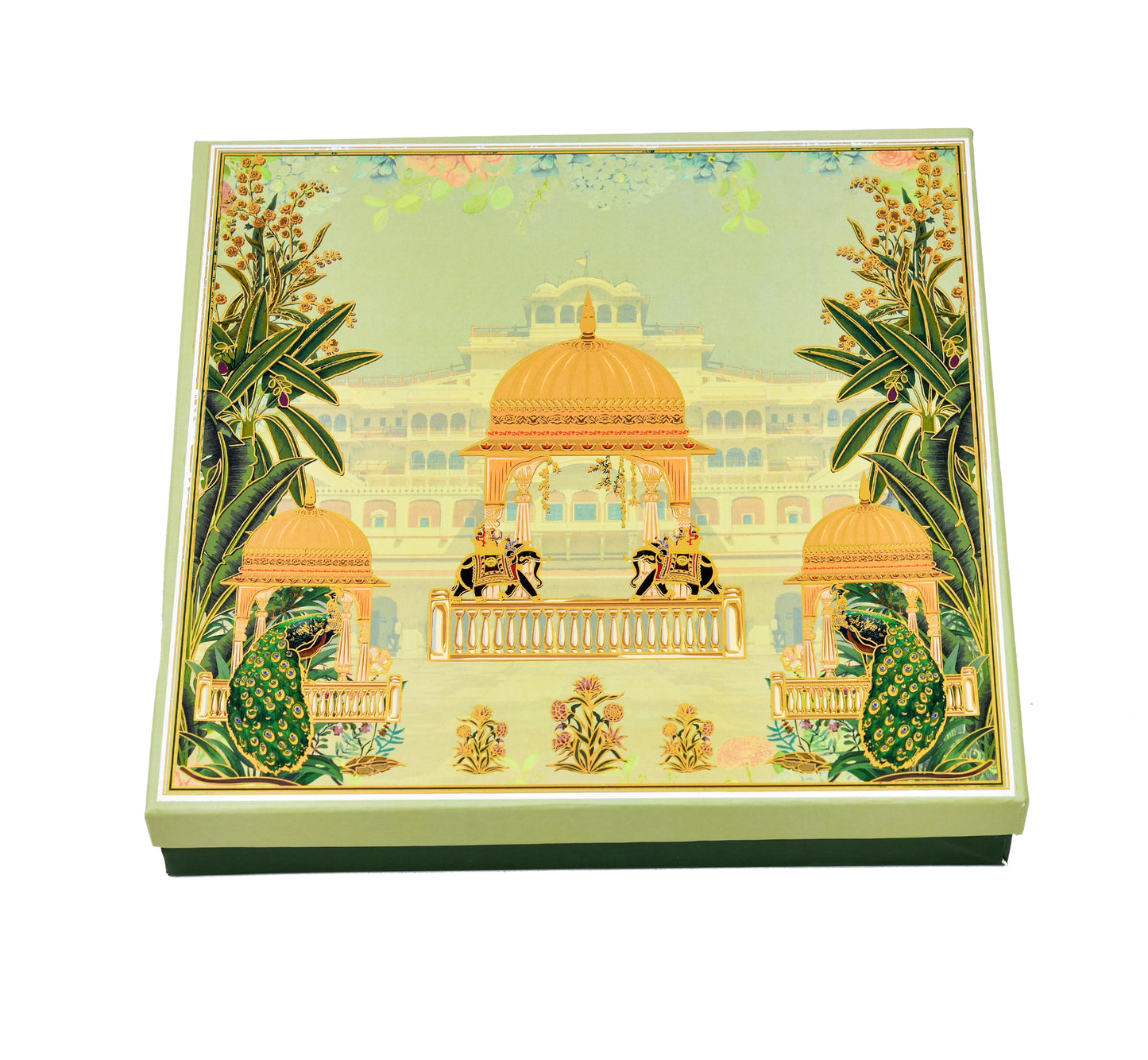 Green Peacock Print Lawana Sweet Box Lid Pattern ( 8 Partitions Tray) | Grownex Packaging | Sweet Box