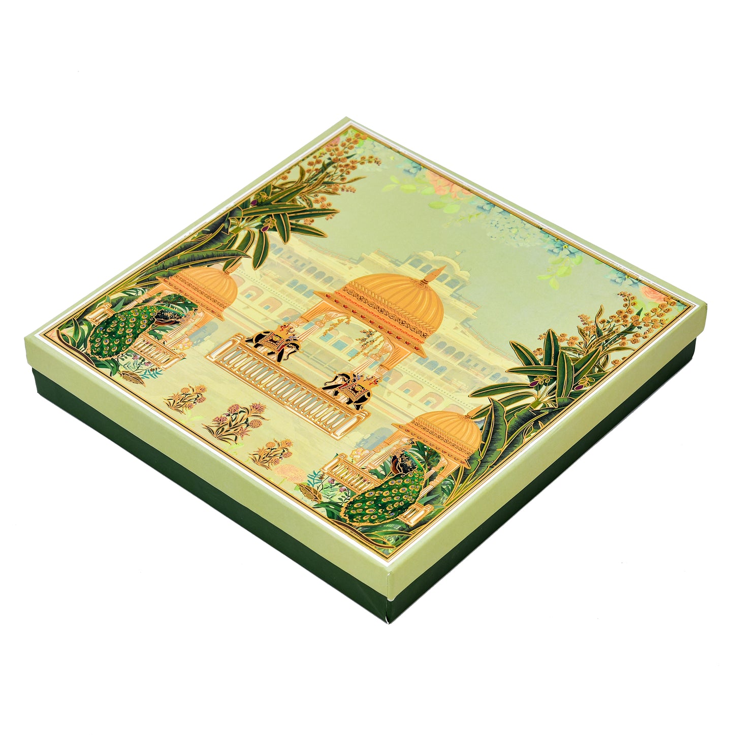 Green Peacock Print Lawana Sweet Box Lid Pattern ( 8 Partitions Tray) | Grownex Packaging | Sweet Box