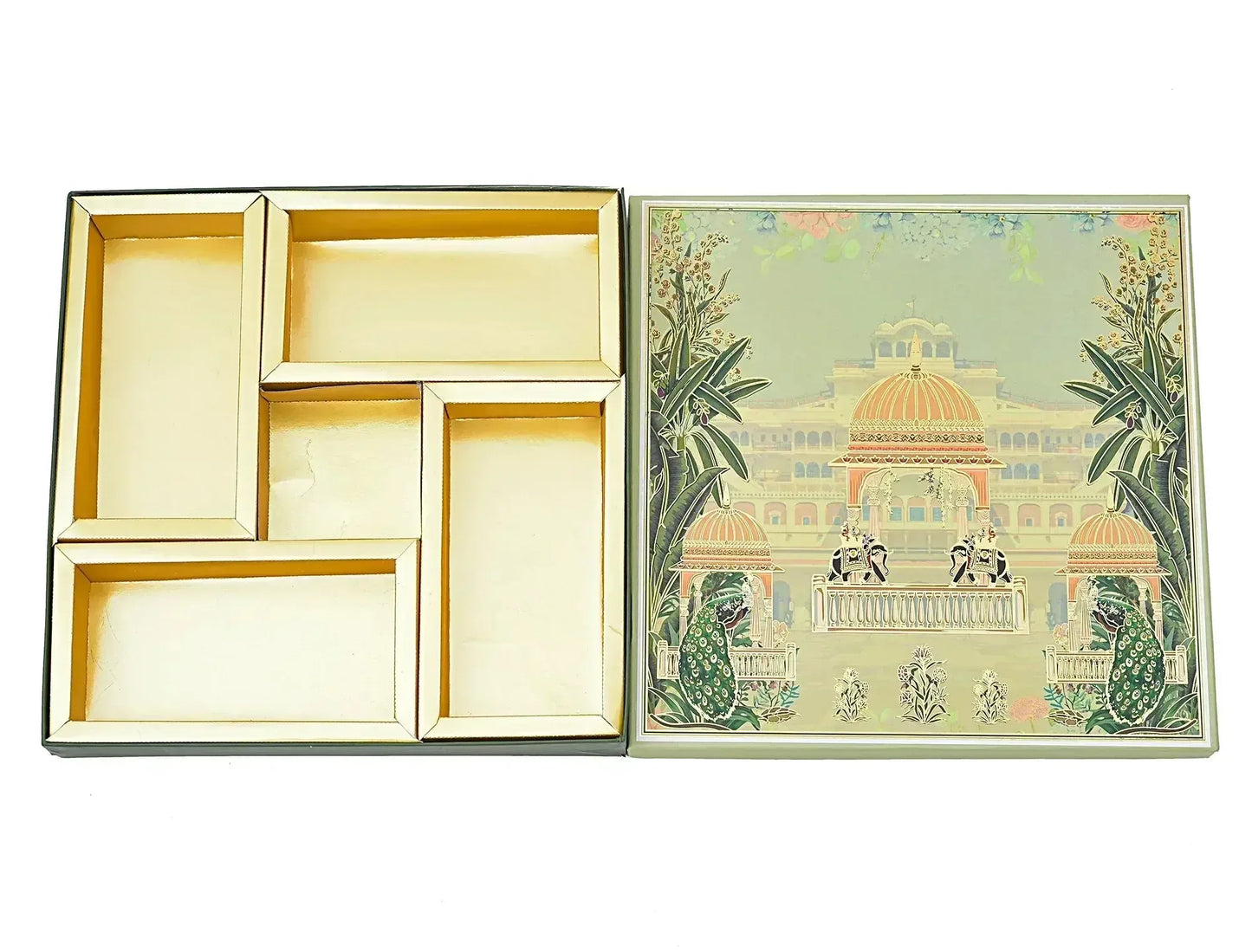 Green Peacock Print Lawana Sweet Box Lid Pattern (5 Partitions Tray) | Grownex Packaging | Sweet Box