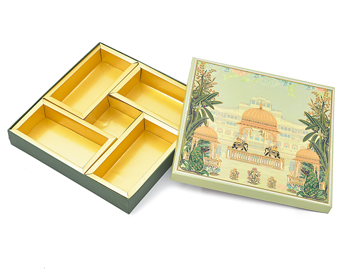 Green Peacock Print Lawana Sweet Box Lid Pattern (5 Partitions Tray) | Grownex Packaging | Sweet Box