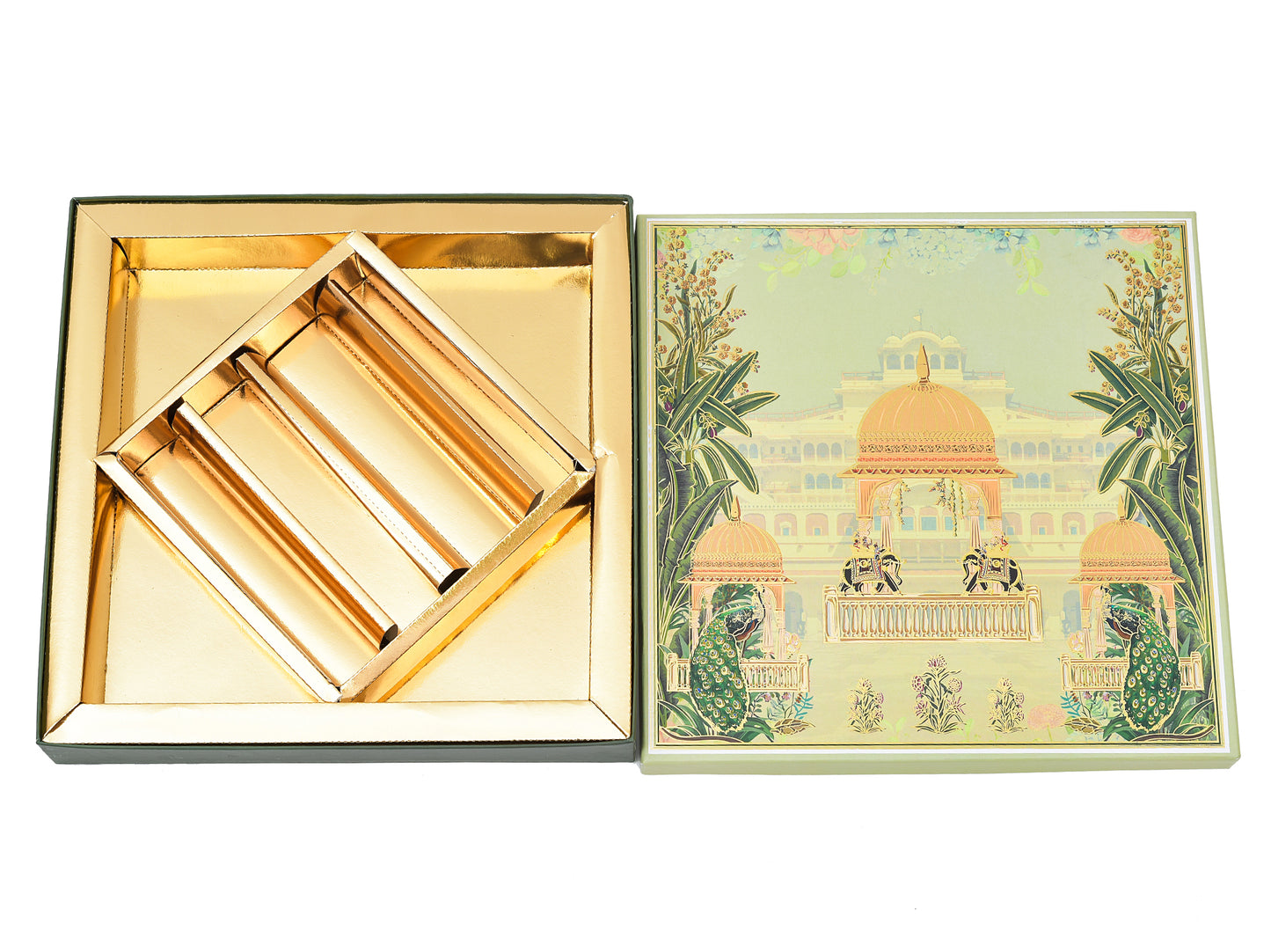 Green Peacock Print Lawana Sweet Box Lid Pattern ( 8 Partitions Tray) | Grownex Packaging | Sweet Box