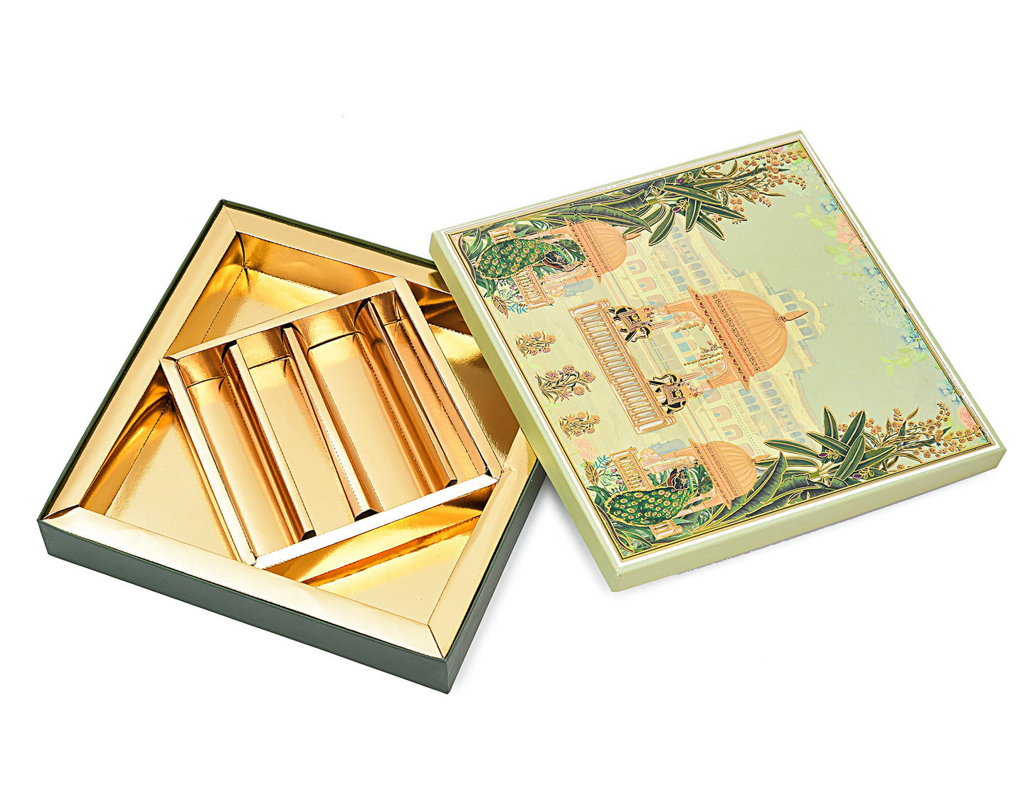 Green Peacock Print Lawana Sweet Box Lid Pattern ( 8 Partitions Tray) | Grownex Packaging | Sweet Box