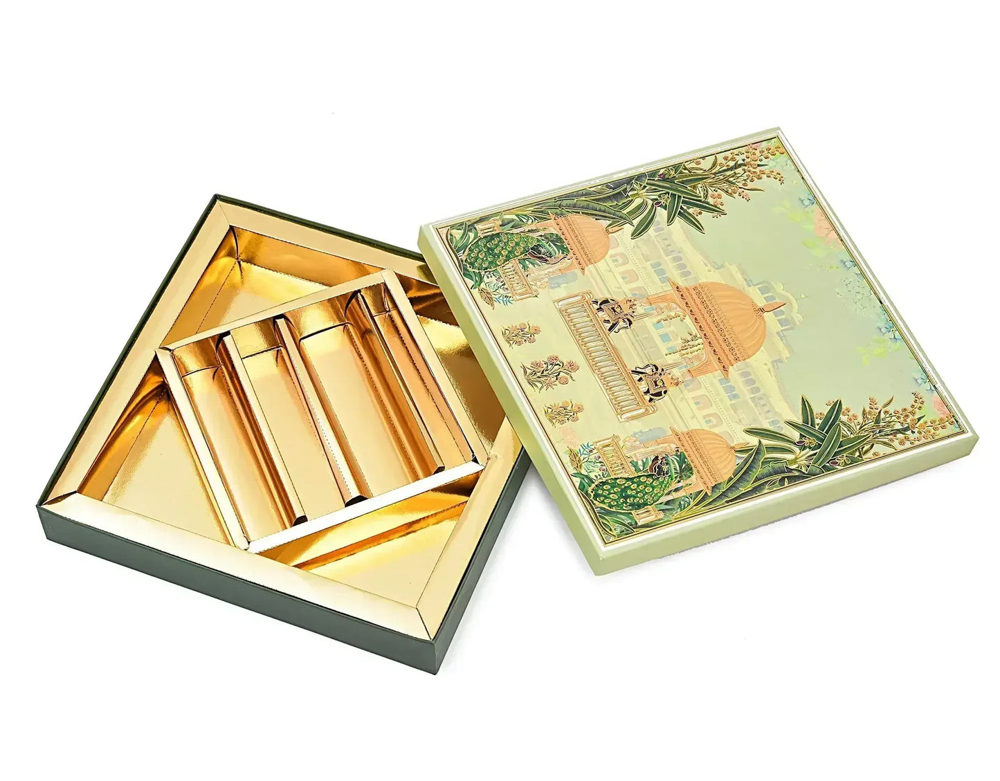 Green Peacock Print Lawana Sweet Box Lid Pattern ( 8 Partitions Tray) | Grownex Packaging | Sweet Box