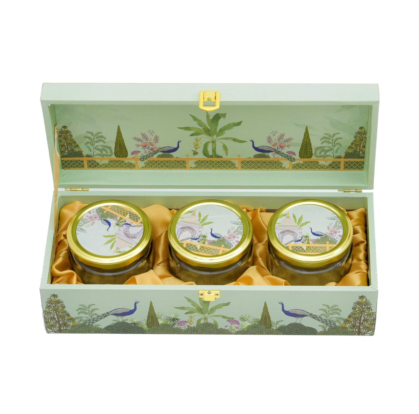 Festive Wooden Box for Dry Fruit Gifting With 3 Jar Green Garden Theme | Grownex Packaging | wooden box