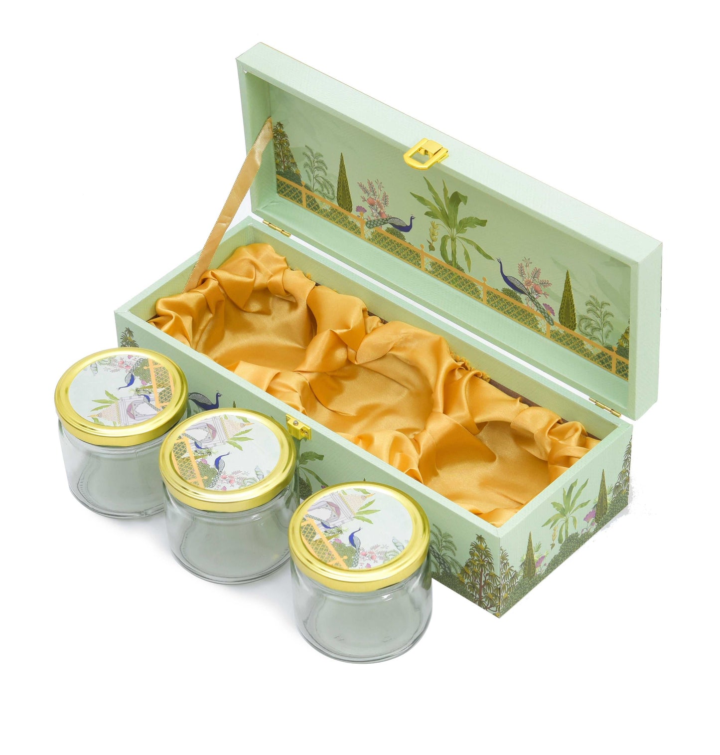 Festive Wooden Box for Dry Fruit Gifting With 3 Jar Green Garden Theme | Grownex Packaging | wooden box