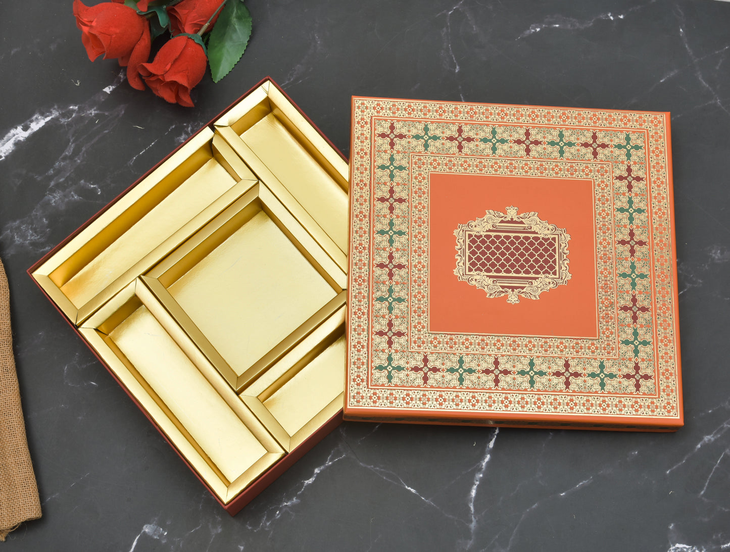 Golden Foil Orange 5 Partitions Lawana Box Lid Pattern | Grownex Packaging | Sweet Box