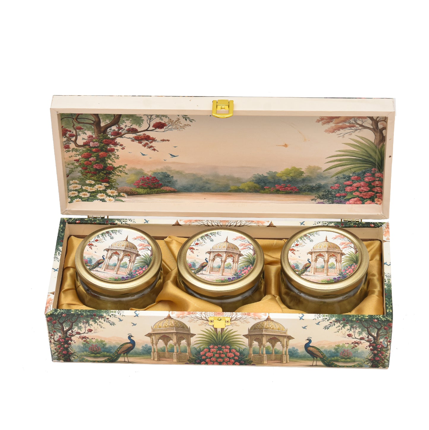 Royal Garden Print Wooden Gift Box with 3 Jars | Premium Dry Fruit Box