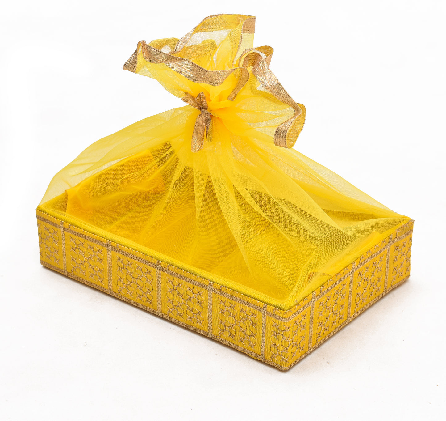 Gold Embroidery Yellow Net Gift Hamper Basket | Wedding & Return Gift Packaging