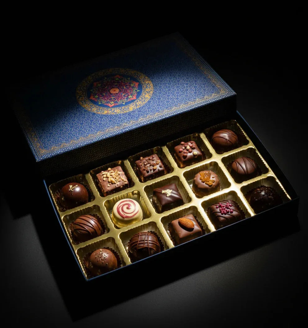 15 Cavity Folding Chocolate Box - Blue Foil | Grownex Packaging | Chocolate Box