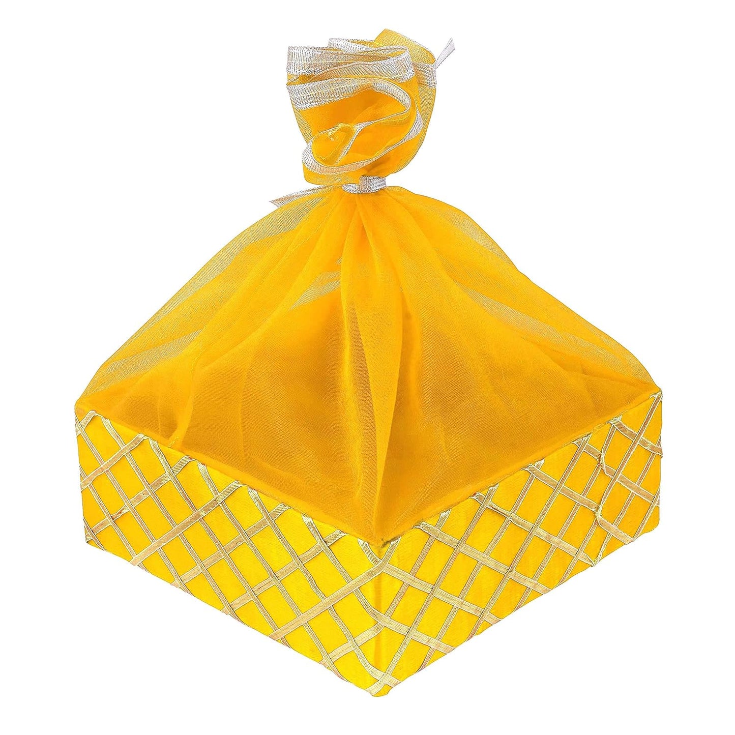 Traditional Fabric Square Lace Yellow Gift Hamper Basket For Festivals | Grownex Packaging | Basket & Tray