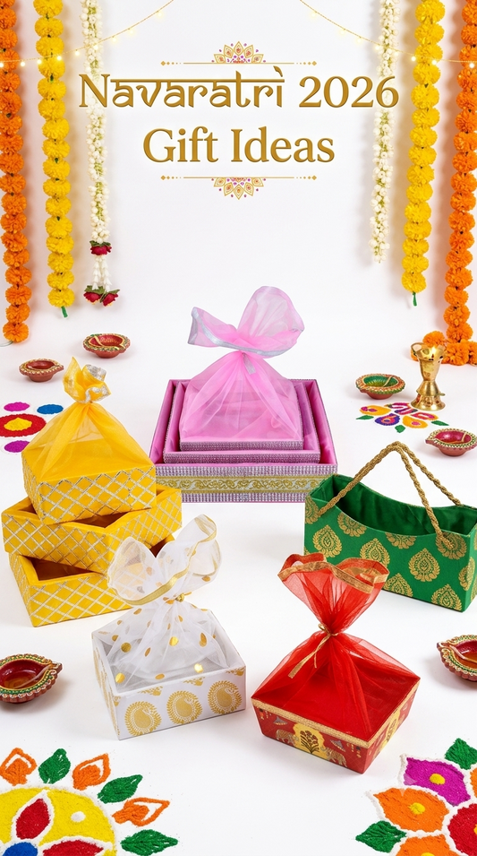 Navaratri 2026 gift ideas featuring colorful traditional decorated gift baskets and festive hampers
