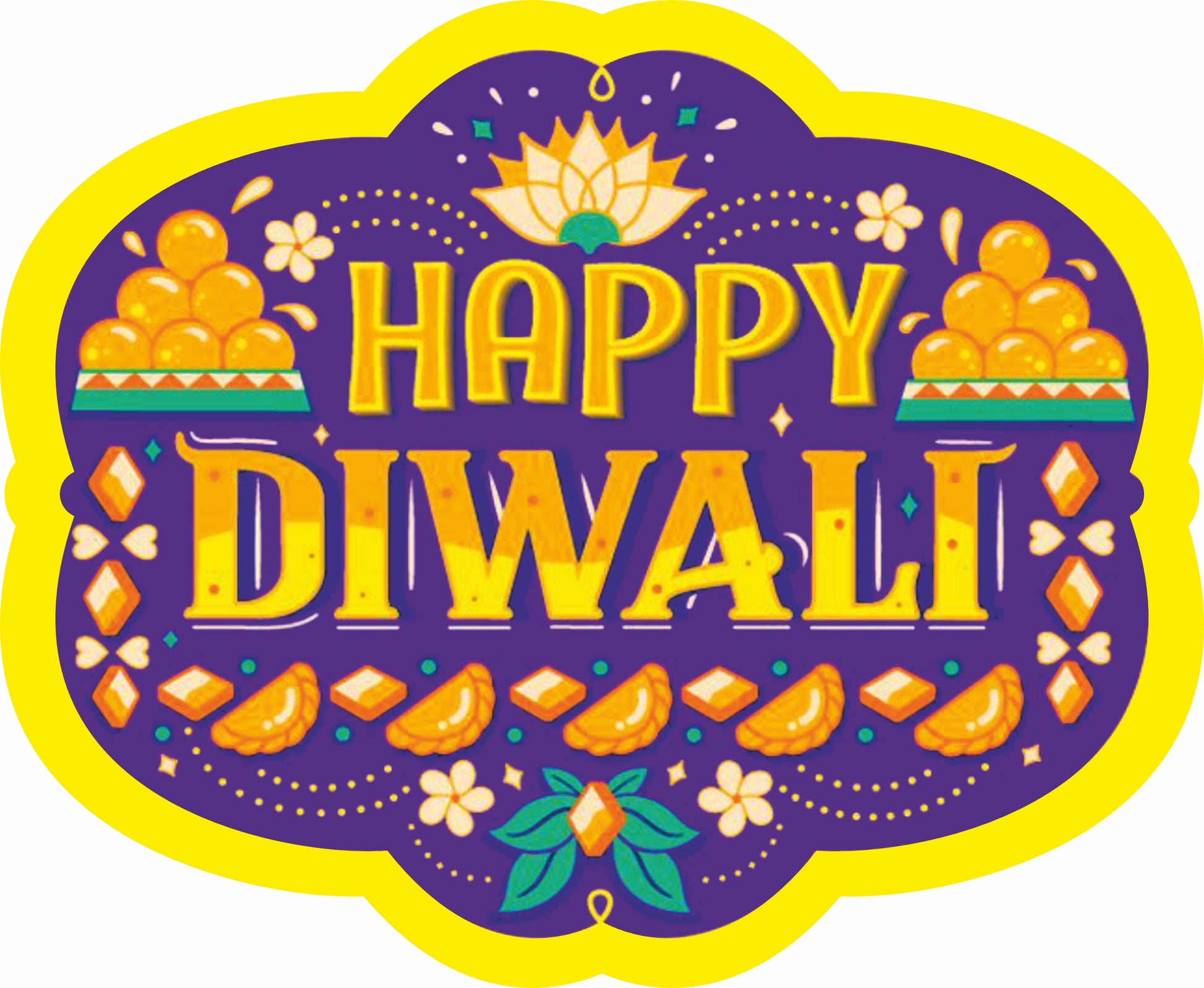 Happy Diwali Sticker – Festive Sweets, Lotus & Motifs (Purple Yellow) | Grownex Packaging | Tags & Stickers