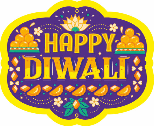 Happy Diwali Sticker – Festive Sweets, Lotus & Motifs (Purple Yellow) | Grownex Packaging | Tags & Stickers