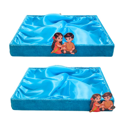 14x10x2 inch Velvet Wooden Tray For Raksha Bandhan- Sky Blue (Single Tray) | Grownex Packaging | Basket & Tray