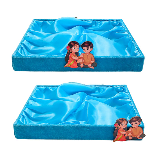 14x10x2 inch Velvet Wooden Tray For Raksha Bandhan- Sky Blue (Single Tray) | Grownex Packaging | Basket & Tray