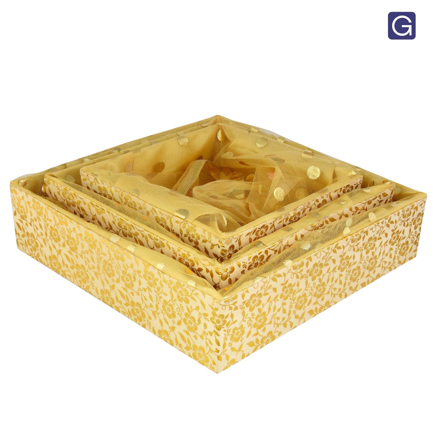 Floral Gold Gift Hamper Basket Set of 3 | Decorative MDF Basket for Festive Gifting
