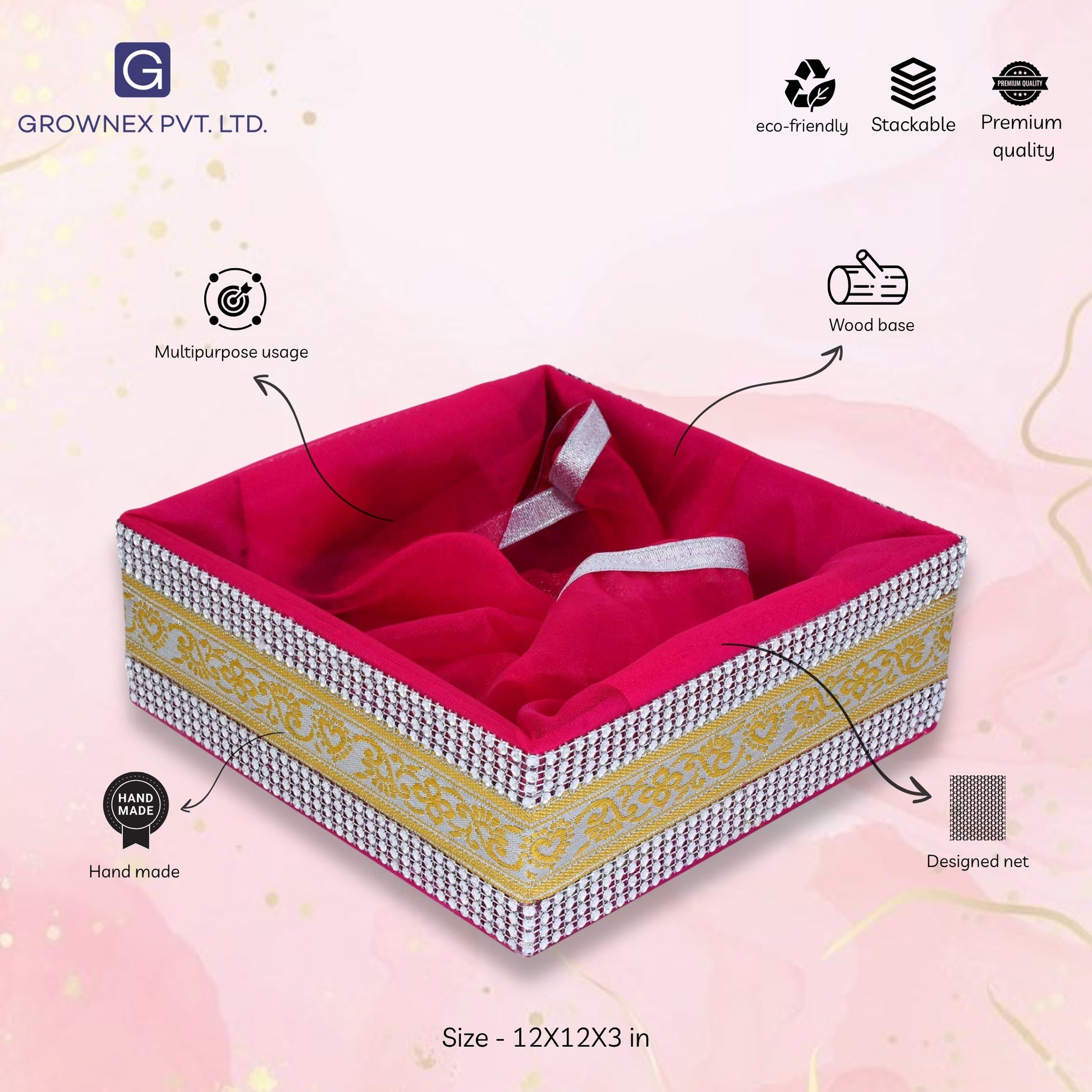 Rani Pink Color Decorated with Lace Gift Hamper Basket | Grownex Packaging | Basket & Tray