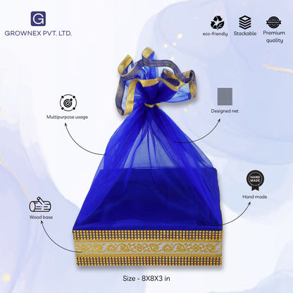 Royal Blue Color With Decorated Shinny Lace Festive Gift Hamper Basket | Grownex Packaging | Basket & Tray