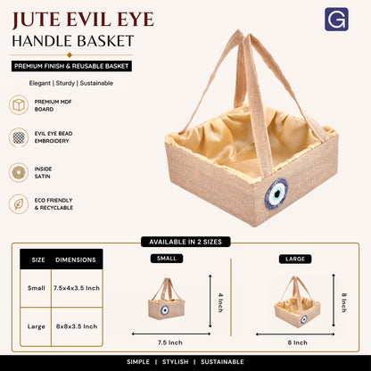 Jute Evil Eye Hamper Basket with Gold Satin Lining | Wedding Return Gift & Festive Gifting Basket