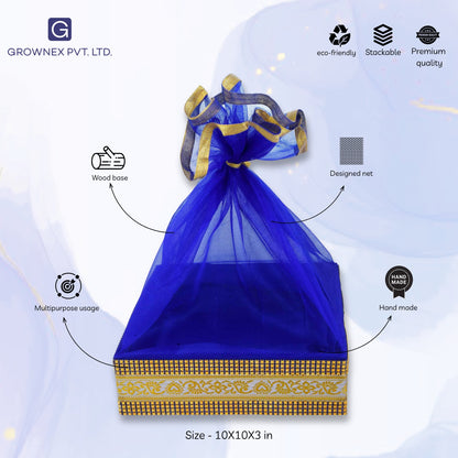 Royal Blue Color With Decorated Shinny Lace Festive Gift Hamper Basket | Grownex Packaging | Basket & Tray