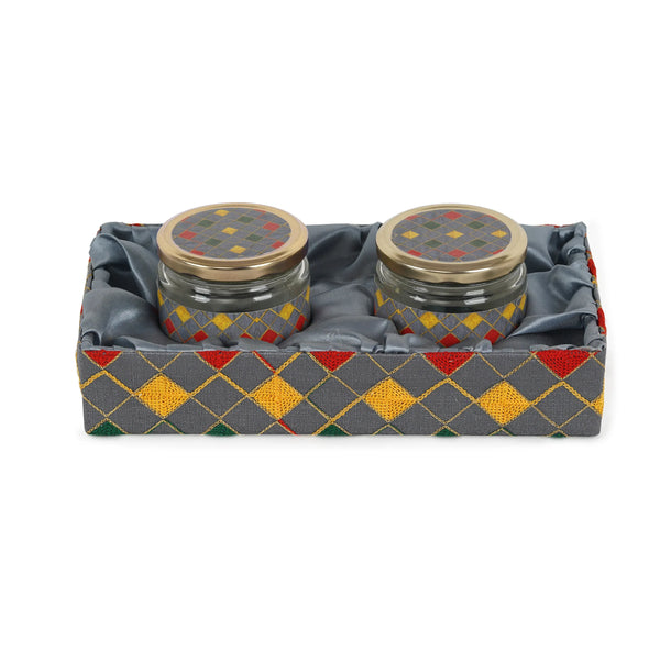 Grey wooden 2 jar open hamper tray front view