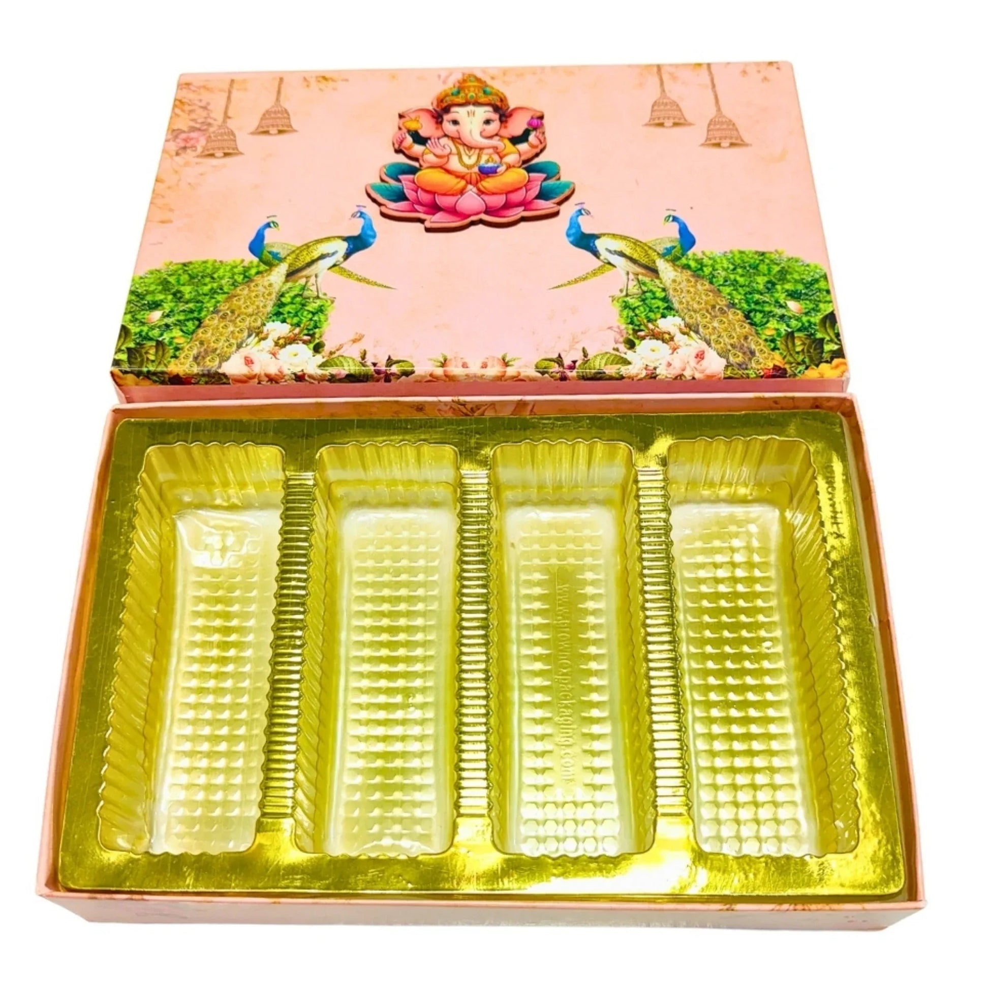 Pink Ganpati 4 Line Gift Box with Peacock Design – Festive Elegance | Grownex Packaging | Sweet Box