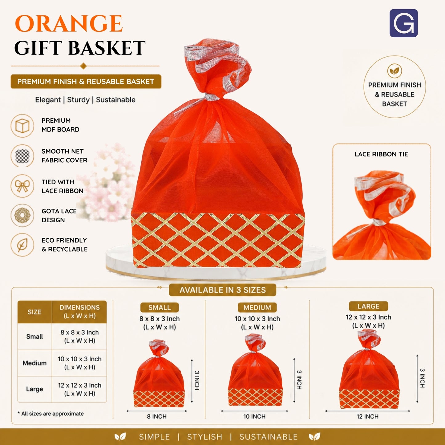 Square Lace Orange Decorative Basket | Festive & Wedding Gift Packaging