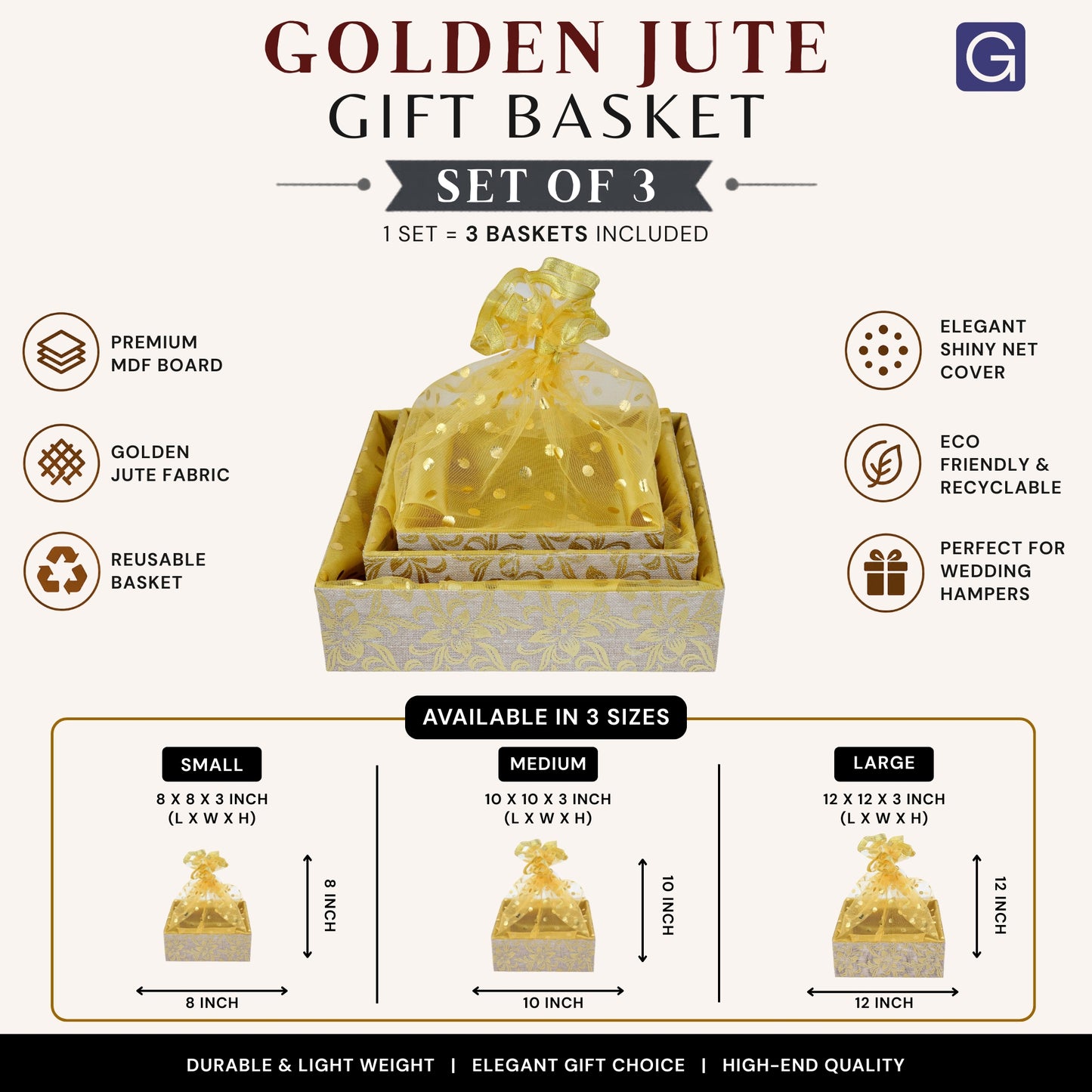 Golden Jute Gift Hamper Basket Set of 3 | Wedding & Corporate Gifting Basket