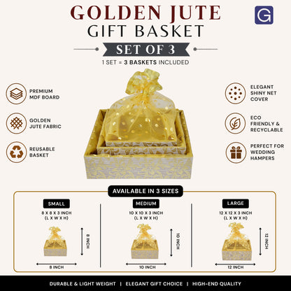 Golden Jute Gift Hamper Basket Set of 3 | Wedding & Corporate Gifting Basket