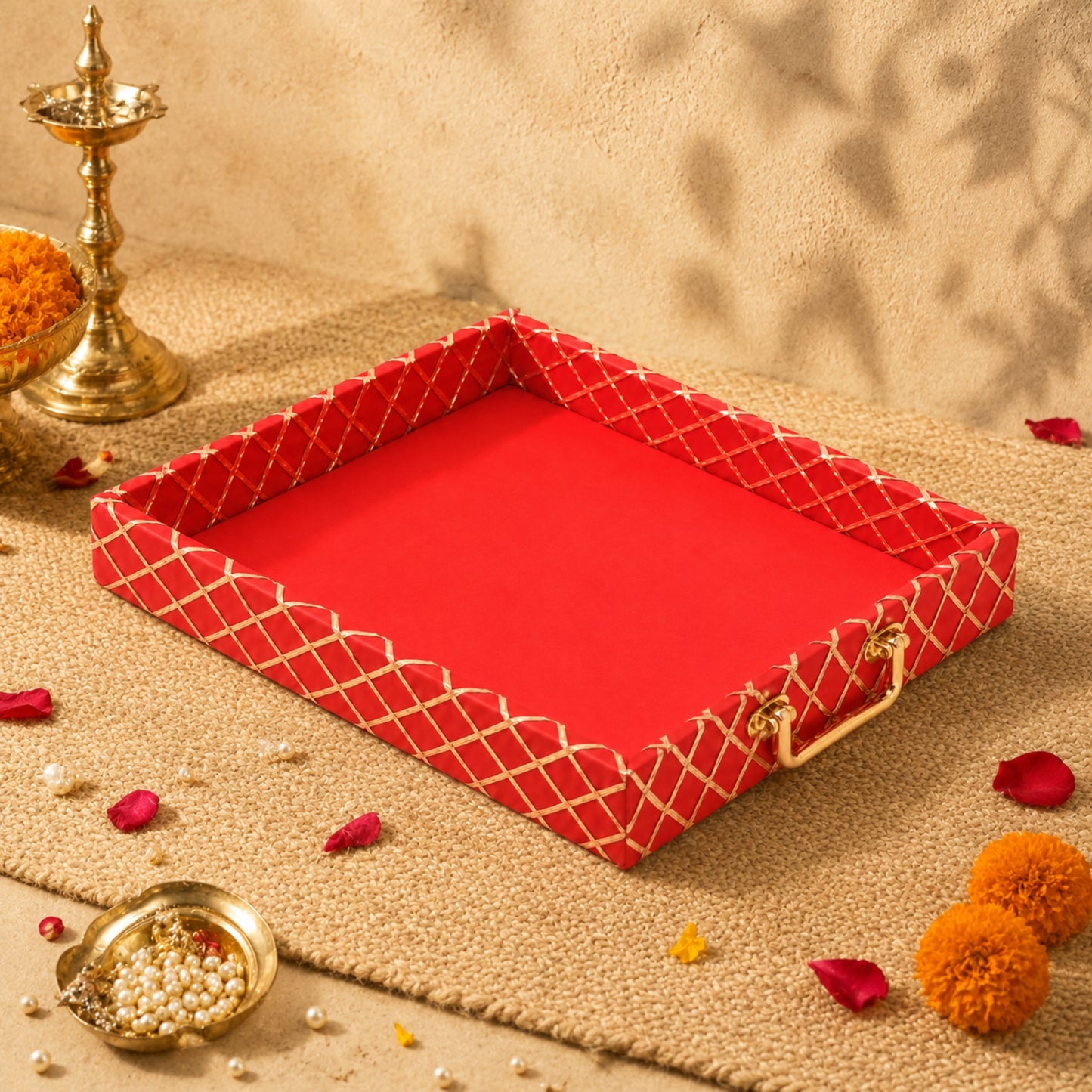 Traditional Red Wooden Square Lace Hamper Tray