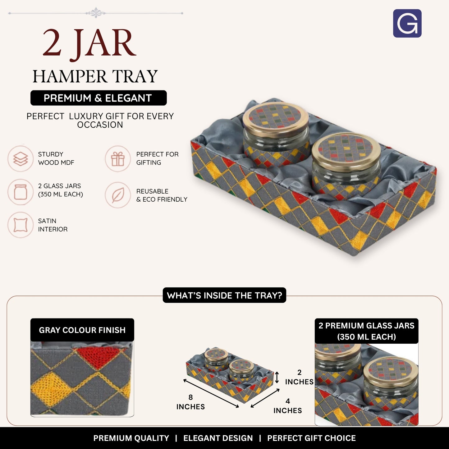 Grey Wooden 2 Jar Open Hamper Tray (8x4x2 inches)