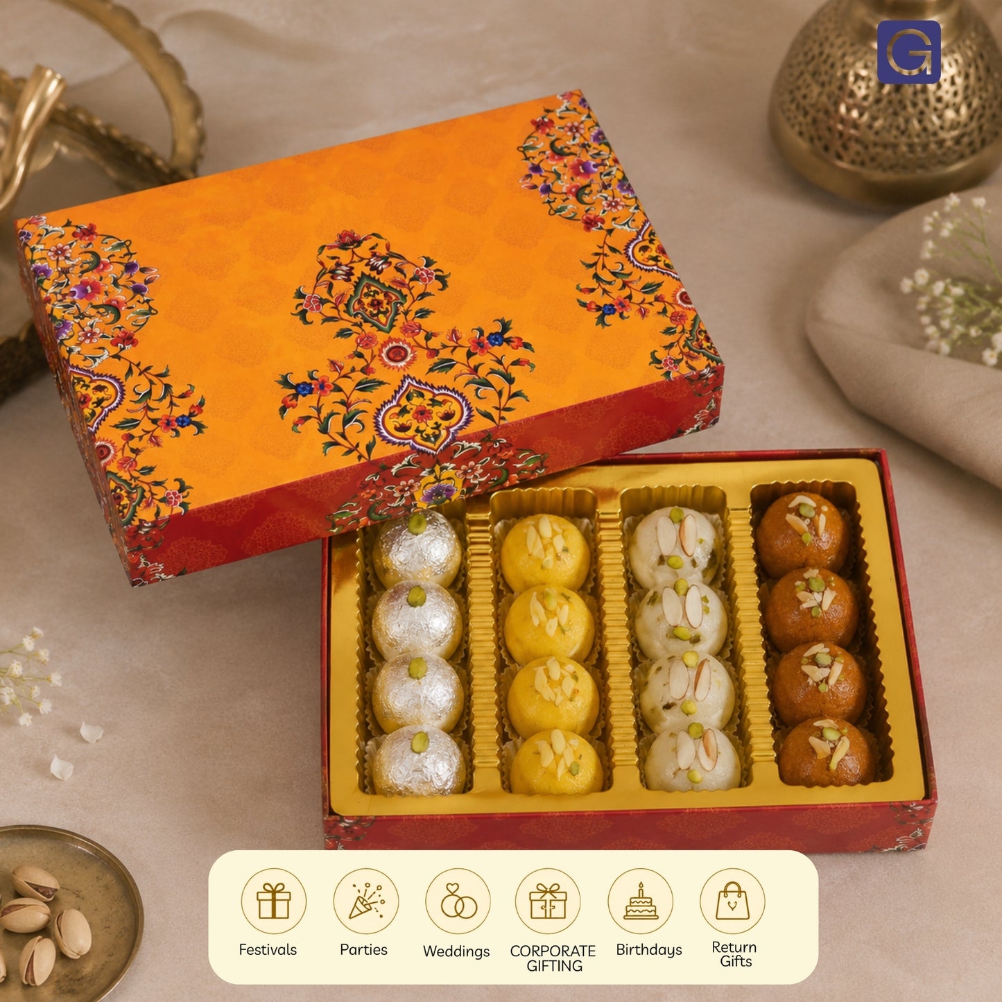Yellow Leaf 4 Line Sweet Box | 500gm Premium Mithai Festival Gift Packaging Box