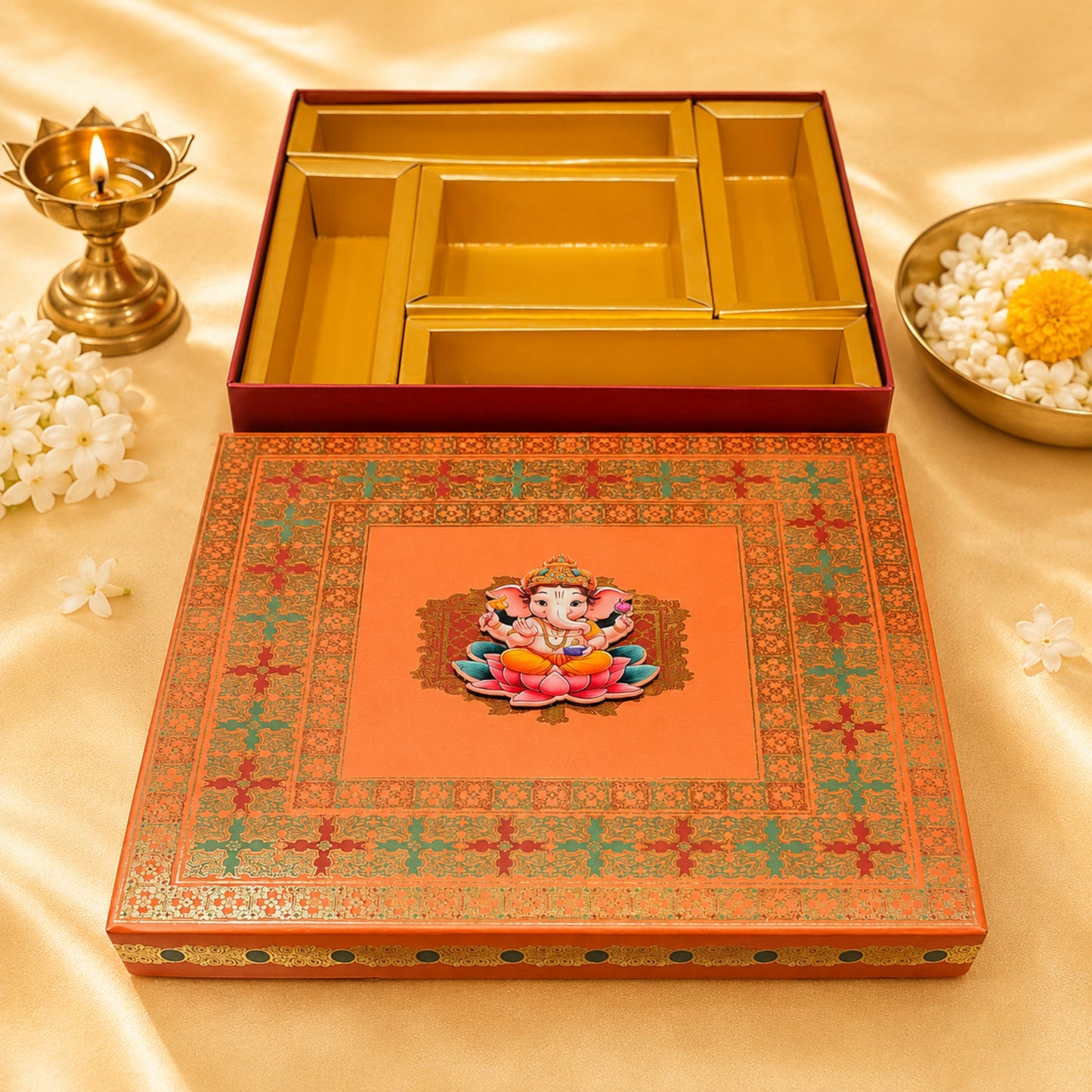 Ganesha Lawna Sweet Box | Premium Matt Finish Gold Foil Festive Gift Box