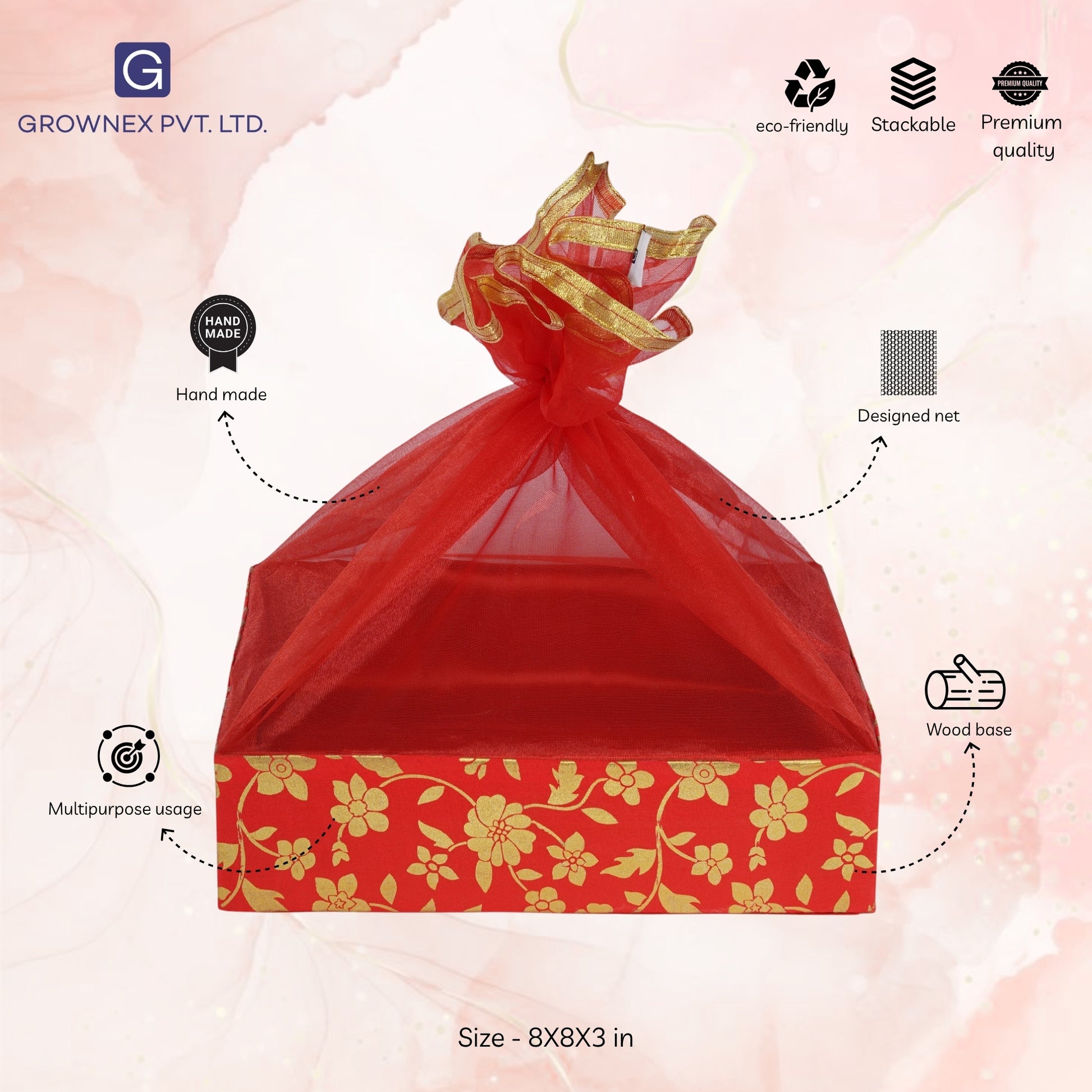 Floral Print Red Gift Hamper Basket | Grownex Packaging | Basket & Tray