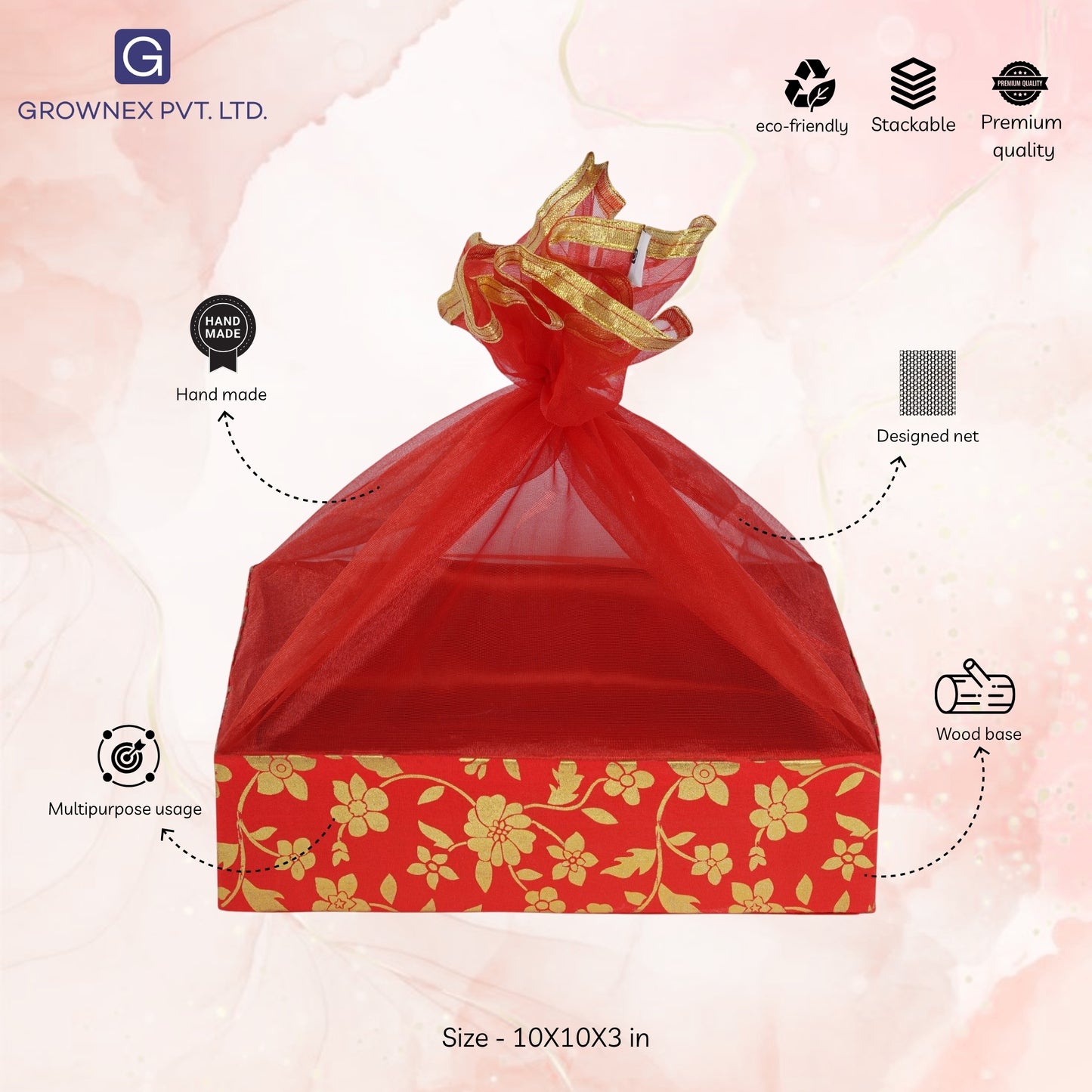 Floral Print Red Gift Hamper Basket | Grownex Packaging | Basket & Tray