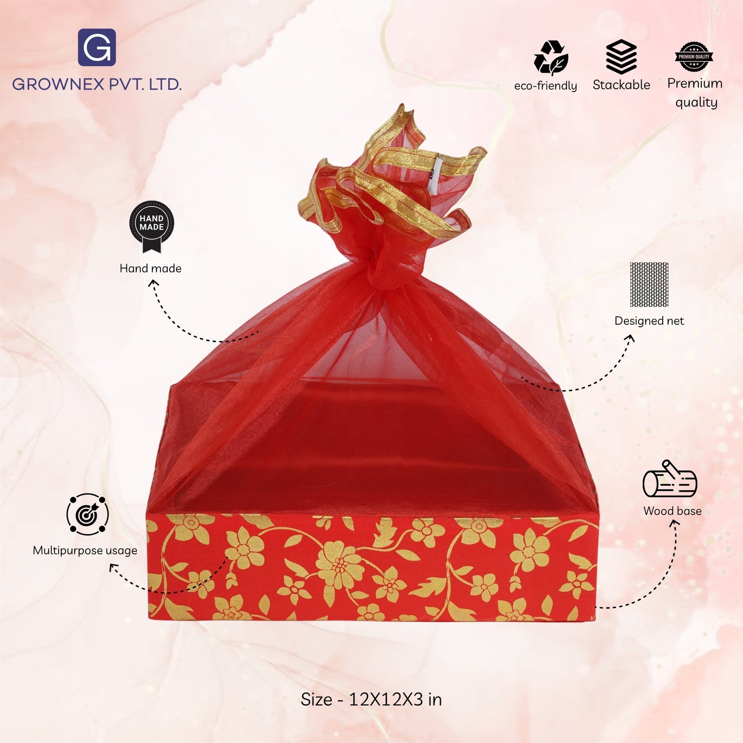 Floral Print Red Gift Hamper Basket | Grownex Packaging | Basket & Tray