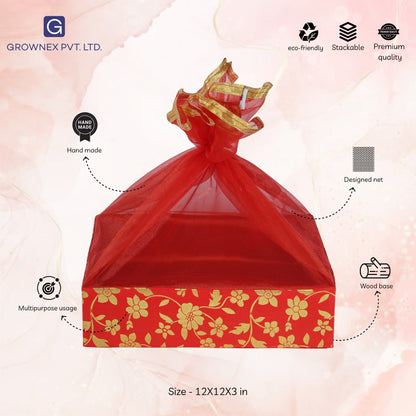 Floral Print Red Gift Hamper Basket | Grownex Packaging | Basket & Tray