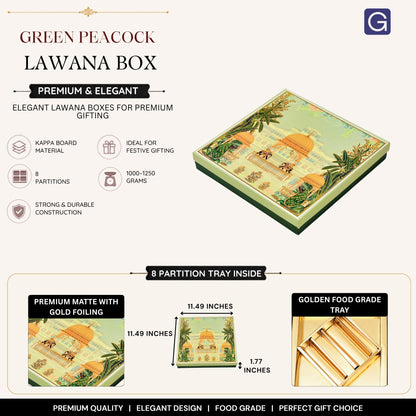 Green Peacock Print Lawana Box with 8 Partitions | Wedding Shagun & Mithai Gift Box