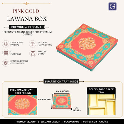 Pink Gold Foil Lawana Box with 5 Partitions | Wedding Shagun & Sweet Gift Packaging