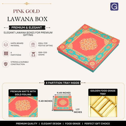 Pink Gold Foil Lawana Box with 8 Partitions | Wedding Shagun & Sweet Gift Packaging