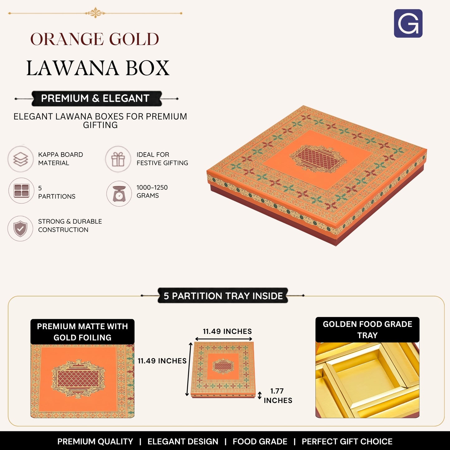 Orange Gold Foil Lawana Box with 5 Partitions | Wedding Shagun & Sweet Gift Packaging