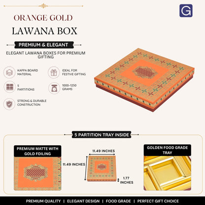 Orange Gold Foil Lawana Box with 5 Partitions | Wedding Shagun & Sweet Gift Packaging