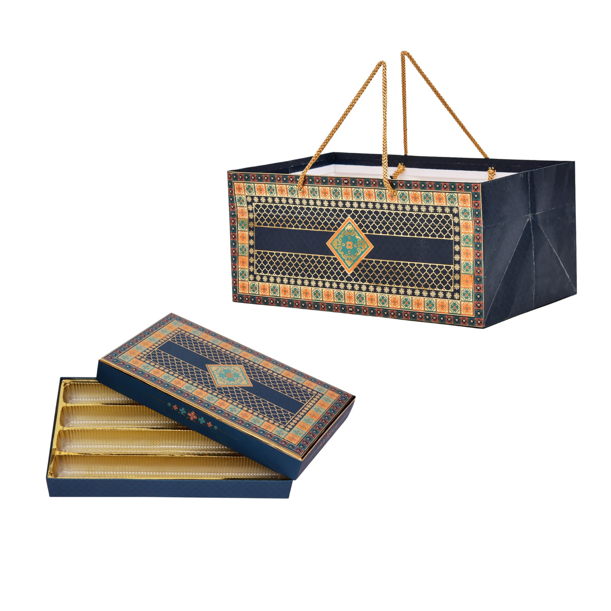 Blue Foil Mosaic Print Paper Bag with Matching Sweet Box Combo – Festive Gift Packaging Set