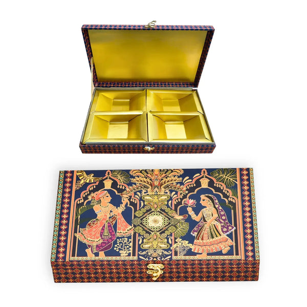 Open Radha Krishna wooden box showing 4 compartments